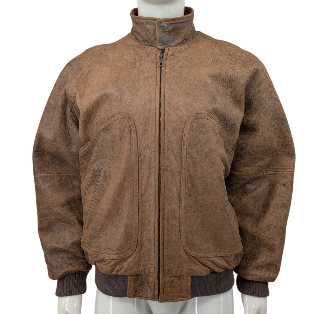 Vintage 90s Context Distressed Brown Leather Bomber Jacket Aztec Lined Large